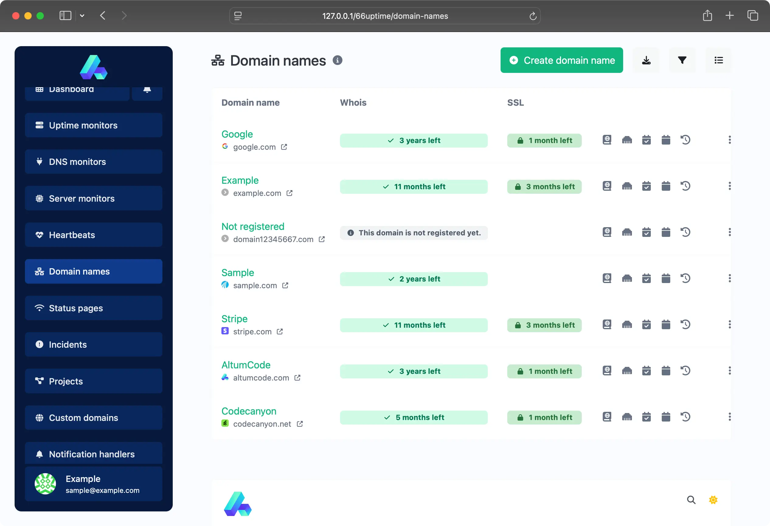 تصویر صفحه لیست نام دامنهها در اپلیکیشن